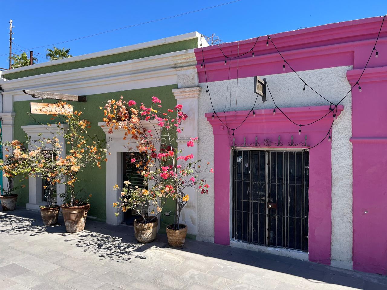 Calle colonial de San José del Cabo con fachadas de colores y buganvilias